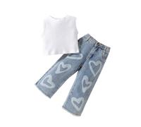 Générique Ensemble Décontracté pour Fille Débardeur Cœur et Pantalon Jean Large Tenue Estivale Confortable Élégante