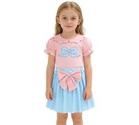 Générique Ensemble Décontracté pour Fille Haut Dentelle Florale et Jupe Rayée Tenue Estivale Deux Pièces Enfant