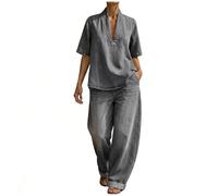Générique Ensemble Denim Femme Chic et Élégant, Tenue 2 Pièces avec Tunique Col V et Pantalon Large Fluide, Idéal pour Soirée Été, Vacances ou Mariage Décontracté, Vêtement Ample avec Poches Mode