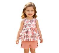 Générique Ensemble d'Été Bébé Fille 2026 Robe sans Manches Imprimé Léopard Coeurs Noeud Jupe Volants Short Assorti (Red, 18-24 Months)