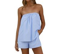 Générique Ensemble deux pièces d'été rayé, haut tube et short ample sans manches (Light Blue, S)