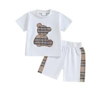 Générique Ensemble Deux pièces Estival brodé d'oursons élégants pour Enfants Short à Manches Courtes et Haut rayé Confortable