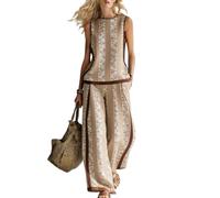 Générique Ensemble Deux Pièces Été Femme Lin Slub, Boho Floral Débardeur Sans Manches Pantalon Large, Tenue Assortie Vacances Plage(L,2XL)