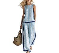 Générique Ensemble Deux Pièces Été Femme Lin Slub, Boho Floral Débardeur Sans Manches Pantalon Large, Tenue Assortie Vacances Plage(F,M)
