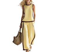 Générique Ensemble Deux Pièces Été Femme Lin Slub, Boho Floral Débardeur Sans Manches Pantalon Large, Tenue Assortie Vacances Plage(O,2XL)