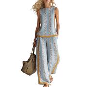 Générique Ensemble Deux Pièces Été Femme Lin Slub, Boho Floral Débardeur Sans Manches Pantalon Large, Tenue Assortie Vacances Plage(K,S)