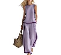 Générique Ensemble Deux Pièces Été Femme Lin Slub, Boho Floral Débardeur Sans Manches Pantalon Large, Tenue Assortie Vacances Plage(D,S)