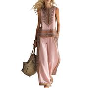 Générique Ensemble Deux Pièces Été Femme Lin Slub, Boho Floral Débardeur Sans Manches Pantalon Large, Tenue Assortie Vacances Plage(B,XL)