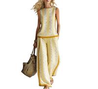 Générique Ensemble Deux Pièces Été Femme Lin Slub, Boho Floral Débardeur Sans Manches Pantalon Large, Tenue Assortie Vacances Plage(U,L)