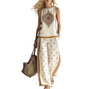 Générique Ensemble Deux Pièces Été Femme Lin Slub, Boho Floral Débardeur Sans Manches Pantalon Large, Tenue Assortie Vacances Plage(E,2XL)