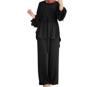 Générique Ensemble élégant de mode musulmane pour femmes, haut à manches avec cordon de serrage à la taille et pantalon à jambe large, couleur unie (Black, XXXL)