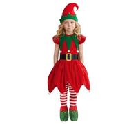 Générique Ensemble Elfe Lutin De Noël Fille Déguisement Enfant Tenue Costume 2025 Robe Noel Longue Chapeau Chaussures Earstrap Chaussettes Pour Fête Anniversaire Carnaval (2#Rouge,6-7 ans)