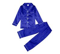 Générique Ensemble en Satin pour Filles 2Pj Vêtements en Soie Boutonnés pour Adolescents Longues pour Enfants, Fille et Garçon, Chemise Boutonnée, Haut, Pantalon Long Ensemble (Blue, 7-8 Years)