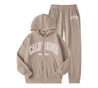 Générique Ensemble Enfant Automne Hiver Survêtement avec Lettre Imprimé Chaud Doublé Sweatshirt Et Pantalon Jogger pour Garçon Fille Idéal Toutes Saisons Confortable(Khaki, 7-8 Years)