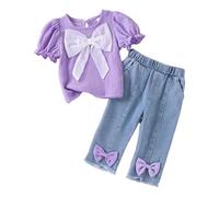 Générique Ensemble Enfant Fille 0-3 Ans,2 Pieces Tenue Fille Doux et Confortable Pantalon en Jean + Pull Ras du Cou à Manches Courtes et nœud Papillon Vetement Fille pour Au Quotidien
