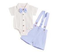 Générique Ensemble Été 2026 Garçon Manches Courtes Rayé Bretelles Nœud Papillon Tenue Décontractée Bébé Tout-Petit (Blue, 6-9 Months)