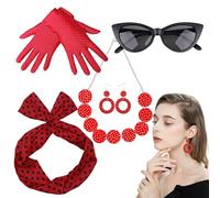 Générique Ensemble Femme Années 50 - Gants à Pois, Collier, Bandeau, Décorations - Tenue Rétro Disco 5 Pièces pour Femmes et Filles Fêtes entre Amies