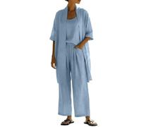 Générique Ensemble Femme Chic Élégant 3 Pièces en Lin Haut Assorti à Manches Courtes Haut Sans Manches Pantalon Palazzo Taille Haute à Jambes Larges Tenue d'Été Décontractée Grande Taille