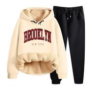 Générique Ensemble Femme Chic Et Elegant Sweat à Capuche En Polaire pour Femme Laine D'agneau Épaisse Et Chaude 2 Pièces Manteaux Et Pantalons Oversize Automne Hiver Ensembles Thermique Imprimé Noël