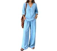 Générique Ensemble Femme en Lin Deux Pièces Chic Élégant Chemisier Col V Manches Longues et Pantalon Taille Élastique Décontracté Tenue de Plage Loungewear 2026