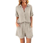 Générique Ensemble Femme Lin Coton Eté 2 Pièces Chic et ÉLégant Short Ample Léger + Chemise Manches Courtes Col Revers Boutonné Tenue de Plage Décontractés Couleur Unie Léger Respirant