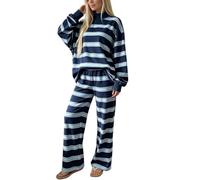 Générique Ensemble Femme Rayé Deux Pièces Col Montant Haut et Pantalon Large Coupe oversize, Manches longues, Taille élastique, Jambe large, Ensemble assorti, Automne Voyage Détente Confort