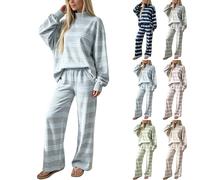 Générique Ensemble Femme Rayé Deux Pièces Col Montant Haut et Pantalon Large Coupe oversize, Manches longues, Taille élastique, Jambe large, Ensemble assorti, Automne Voyage Détente Confort