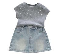 Générique Ensemble Fille 3-10 Ans T Shirt Manches Courtes Et Jupe Mi Longue Jean Pailletée Tenue Décontractée Style Coréen pour Été(Grey, 7-8 Years)