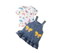 Générique Ensemble Fille 6M-3Y T Shirt Manches Courtes Cartoon Papillon Imprimé Et Jupe Salopette Jean Volants Tenue Complète Vêtement(Blue, 2-3 Years)
