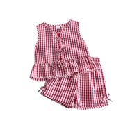 Générique Ensemble Fille 8 Ans Jupe Tenues sans Manches pour Petites Filles, imprimés écossais, débardeurs, t-Shirts, nœuds et Shorts Shorts en Jean Fille (Red, 5-6 Years)