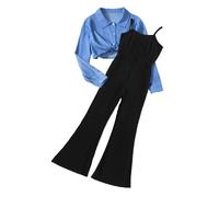 Générique Ensemble Fille Chemise Imitation Jean Manches Longues Haut Uni Bretelles Dos Pantalon Micro Évasé Large Legging Vêtement Enfant Décontracté(Blue, 8-9 Years)