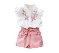 Générique Ensemble Fille élégant Chemise à Manches Courtes et Short volanté Motif Floral Printemps été vêtements Enfants Confortable (White, 2-3 Years)