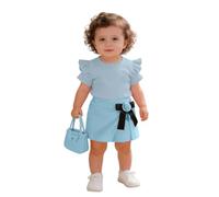 Générique Ensemble Fille Enfant Manches Courtes Côtes T Shirt Haut Jupe Rose Short Sac Tenue Complète Style Champêtre(Blue, 12-18 Months)