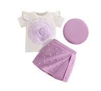 Générique Ensemble Fille Enfant Manches Courtes Florale T Shirt Haut Jupe Short Chapeau Tenue Complète Style Champêtre(Purple, 9-12 Months)