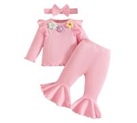 Générique Ensemble Fille Enfant Manches Longues Côtes Florale Haut T Shirt Pantalon Cloche Bandeau Tenue Complète Style Bohème(6-9 Months)