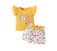 Générique Ensemble Fille été Haut Short imprimé Floral Tenue bébé Jeu décontracté Motif Arc-en- vêtements Confortables qualité supérieure (Yellow, 18-24 Months)