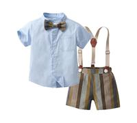 Générique Ensemble Garçon Élégant T-Shirt Manches Courtes et Short à Bretelles Rayé Tenue Gentleman Enfant Confortable Mode Été (Blue, 2-3 Years)