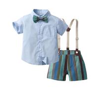 Générique Ensemble Garçon Élégant T-Shirt Manches Courtes et Short à Bretelles Rayé Tenue Gentleman Enfant (Blue, 4-5 Years)