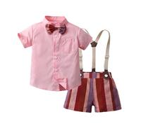 Générique Ensemble Garçon Élégant T-Shirt Manches Courtes et Short à Bretelles Rayé Tenue Gentleman Enfant Confortable Mode Été (9-12 Months)