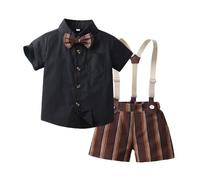 Générique Ensemble Garçon Élégant T-Shirt Manches Courtes et Short à Bretelles Rayé Tenue Gentleman Enfant (Black, 5-6 Years)