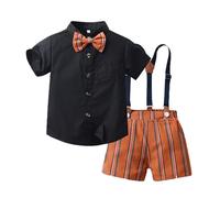 Générique Ensemble Garçon Élégant T-Shirt Manches Courtes et Short à Bretelles Rayé Tenue Gentleman Enfant Confortable Mode Été (Black, 3-4 Years)