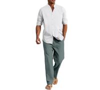 Générique Ensemble Homme 2 Pièces Lin-Coton Chemise Manches Longues Col Mandarin Et Pantalon Ample Taille Élastique Survêtement Été Respirant Léger Pour Plage Vacances Ensembles Décontracté Blanc XL