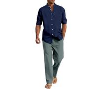 Générique Ensemble Homme 2 Pièces Lin-Coton Chemise Manches Longues Col Mandarin Et Pantalon Ample Taille Élastique Survêtement Été Respirant Léger Pour Plage Vacances Ensembles Décontracté Marine XL