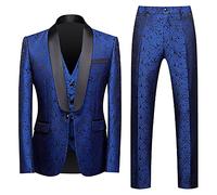 Générique Ensemble Homme Décontractés - Hommes Solide Couleur Mode Casual Jacquard Parti Costume Veste Gilet Pantalon Trois Ensembles (Blue XXL)