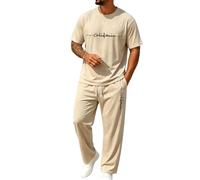 Générique Ensemble Homme Deux Pièces Chemise Manches Courtes Imprimé Pantalon Long Décontracté Été Tendance Confortable (D-Khaki, M)