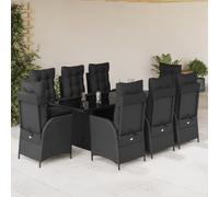 Générique Ensemble Jardin 9 Pieces Noir Resine Tressee | Dossier reglable, Coussin epais amovible, Table verre trempe, 110 kg par siege