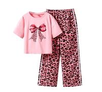 Générique Ensemble Léopard Doré Fille 7 À 14 Ans, Haut À Manches Courtes avec Nœud Décoratif Et Pantalon Long Tendance - Vêtement Estival, Habit De Fête, Tenue Mode pour Jeune Adolescente