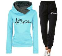 Générique Ensemble Loisir Automne Hiver Femme Sweat à Capuche Molletonné Imprimé Rythme Cardiaque et Patte Pantalon Tenue Décontracté Confortable Look Mignon(Blue, XXXL)
