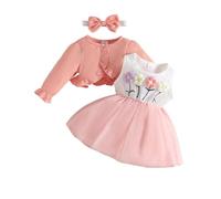 Générique Ensemble Naissance Fille Tenue Fille Ado, Ensemble Robe Fleurie à Manches Longues avec Gilet et Bandana pour Petites Filles Élégant et Confortable
