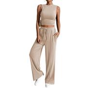 Générique Ensemble Pantalon Femme Débardeur Rayé Sans Manches Et Pantalon Large Élastique Décontracté Confortable Tenue Deux Pièces Pour La Saison Estivale Look Chic Dune Femme Chic(Beige, XL)